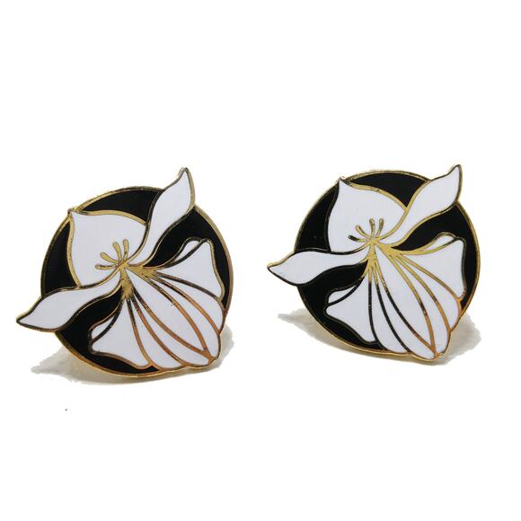 Vintage Isle of Skye Cloisonné Enamel Earrings, Black & White Lily, Gold Plated - Picture 2 of 10